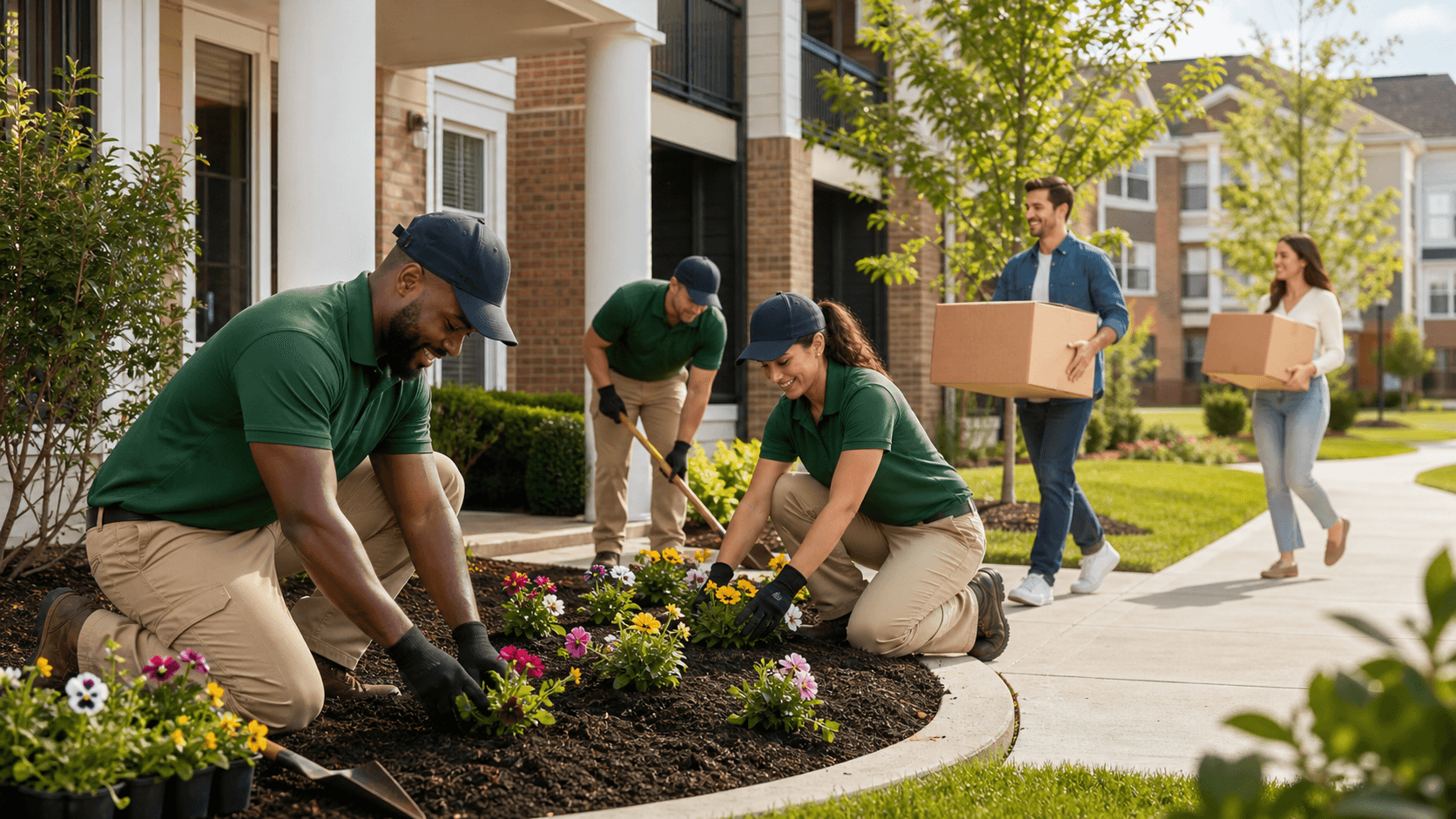 Landscaped apartment entrance with fresh mulch, green shrubs, and sunlit brick buildings under a clear blue sky.