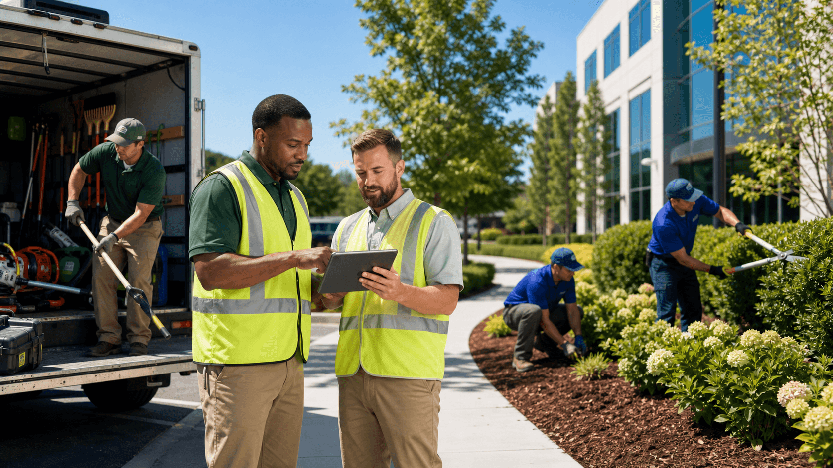 Split-view illustration of a corporate building with a green lawn, one side with crew, the other with contractor truck