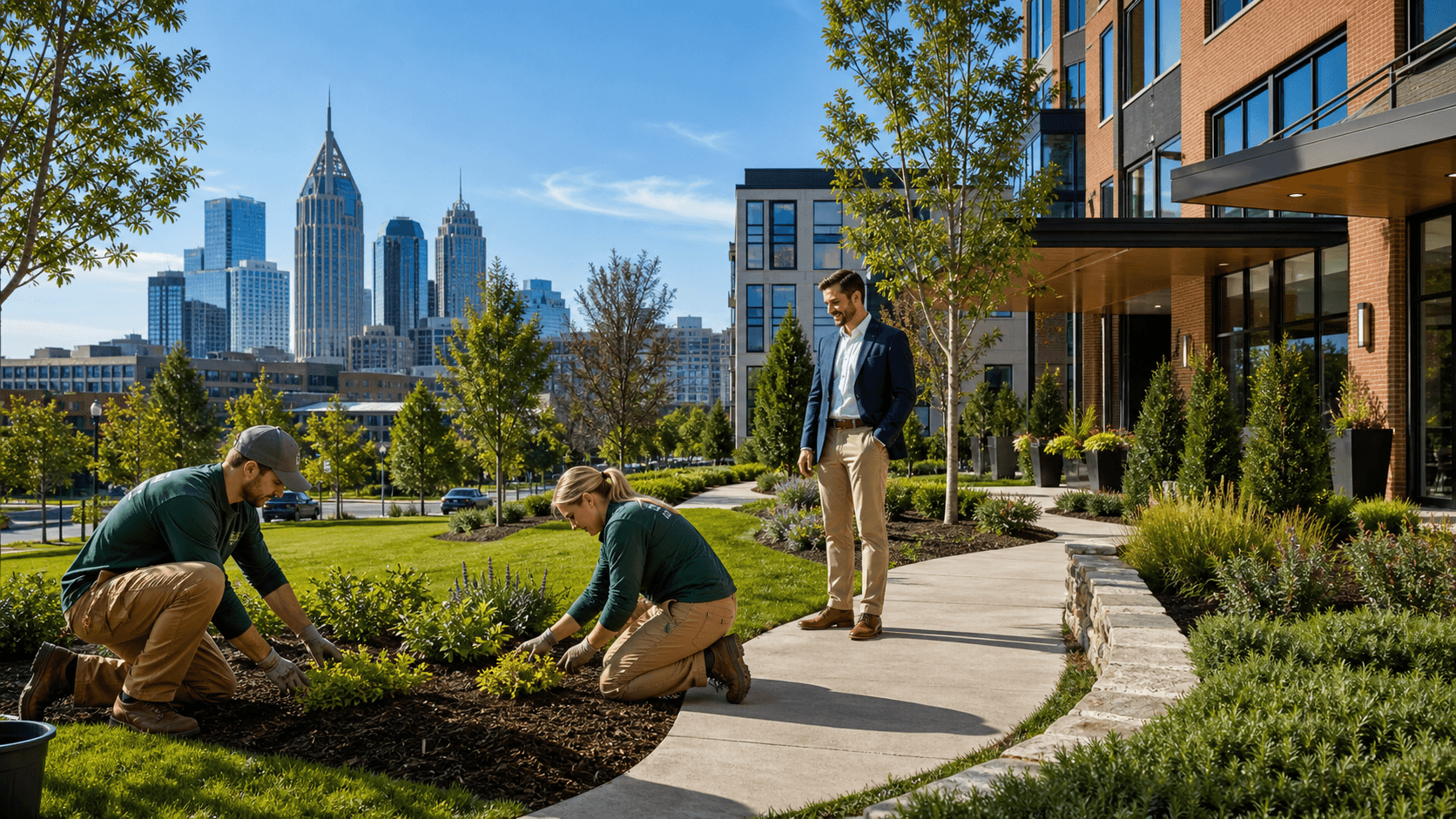 Modern office building with manicured green lawns, shrubs, and colorful flower beds under a bright blue sky