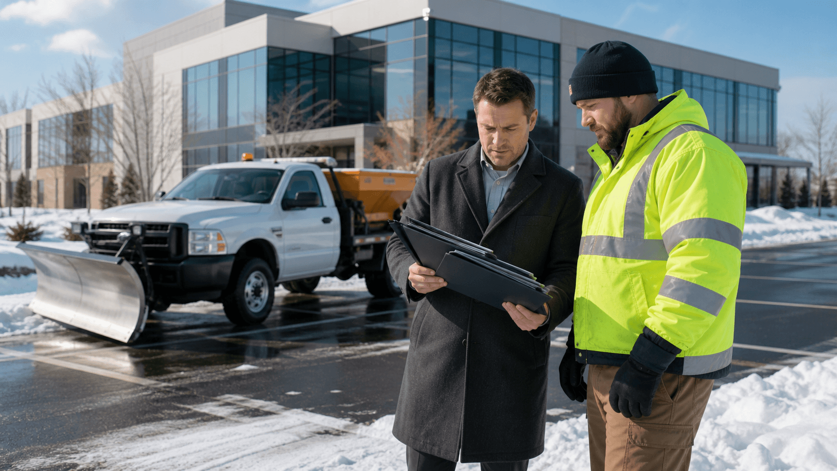 Snow-covered commercial building with plowed parking lot, snowplow truck, and contract papers in the foreground.