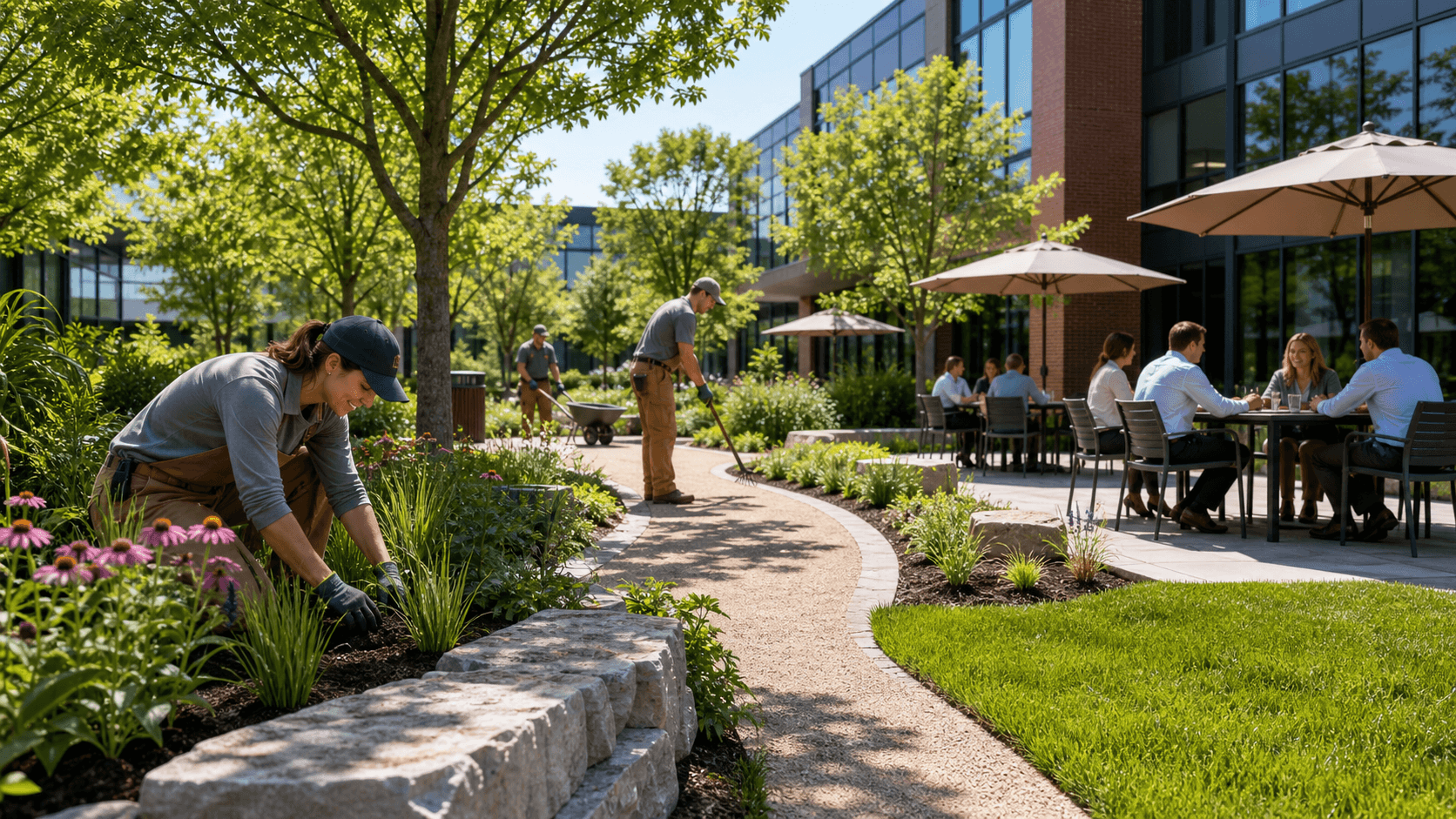 Modern office buildings frame a green landscaped courtyard with walkways, trees, and warm afternoon light.