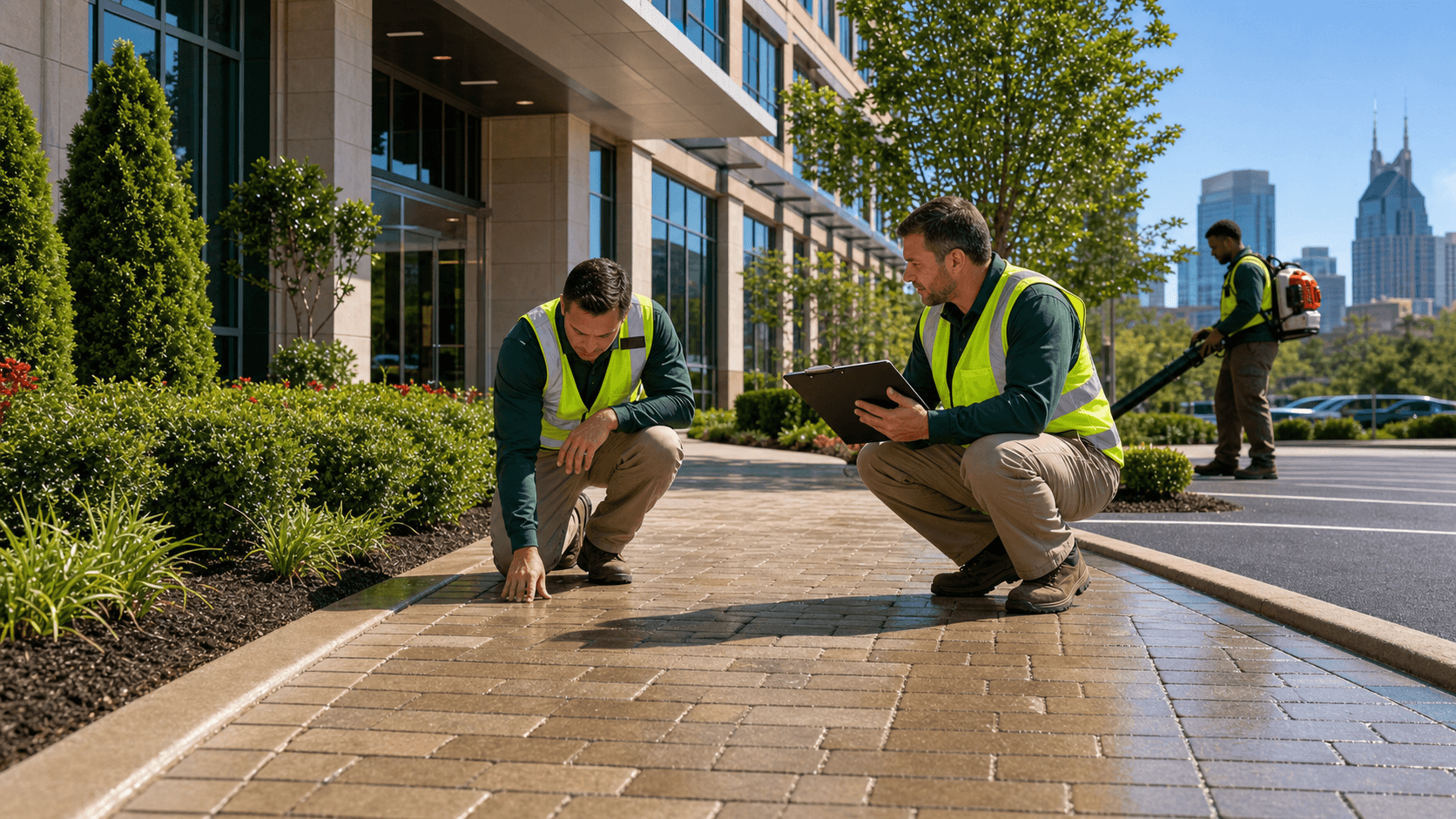 Modern office exterior with clean stone walkway, trimmed shrubs, and bright sunlight casting crisp shadows