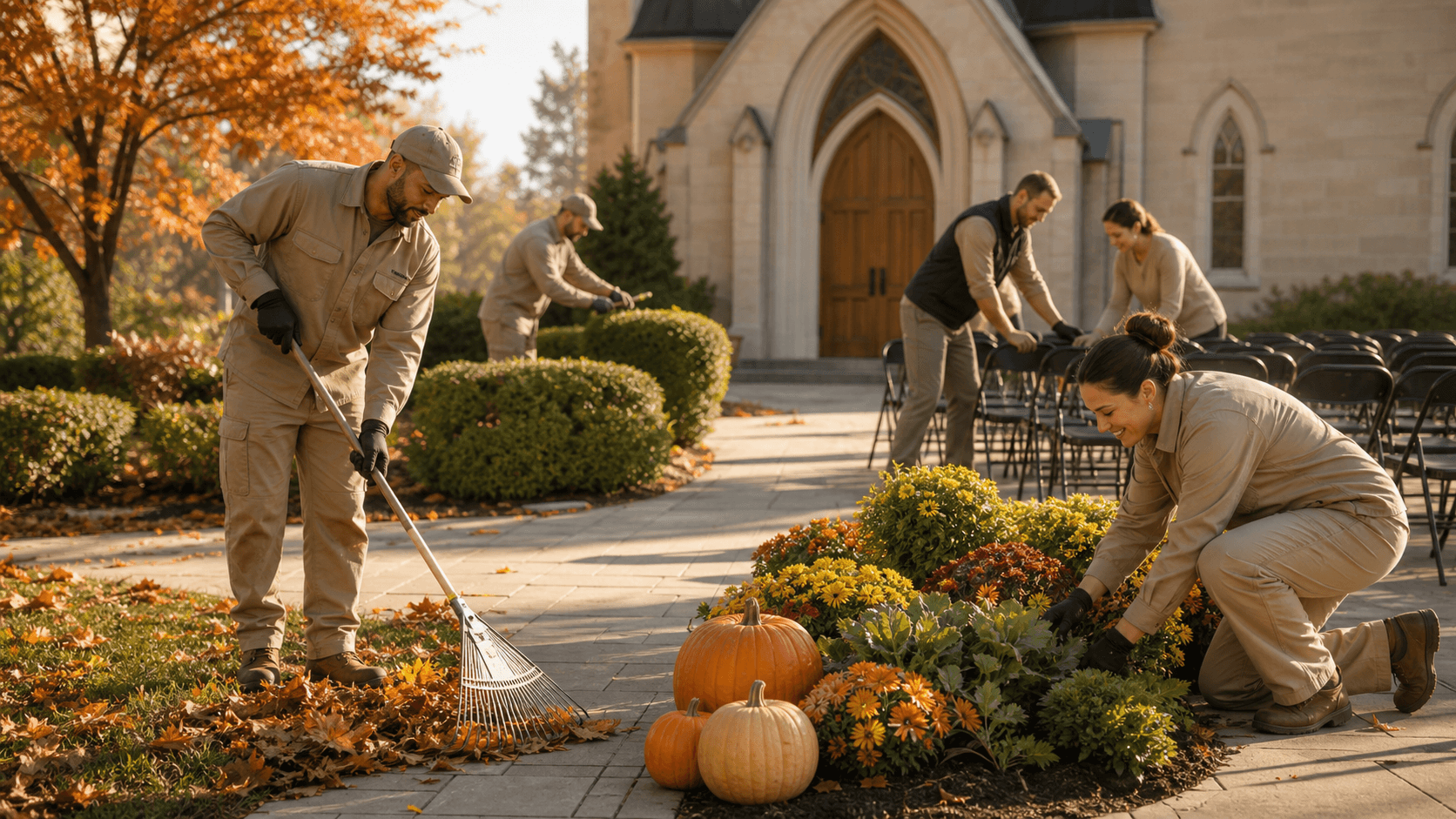 Autumn leaves frame a white church lawn with neat pathways under warm golden afternoon light.