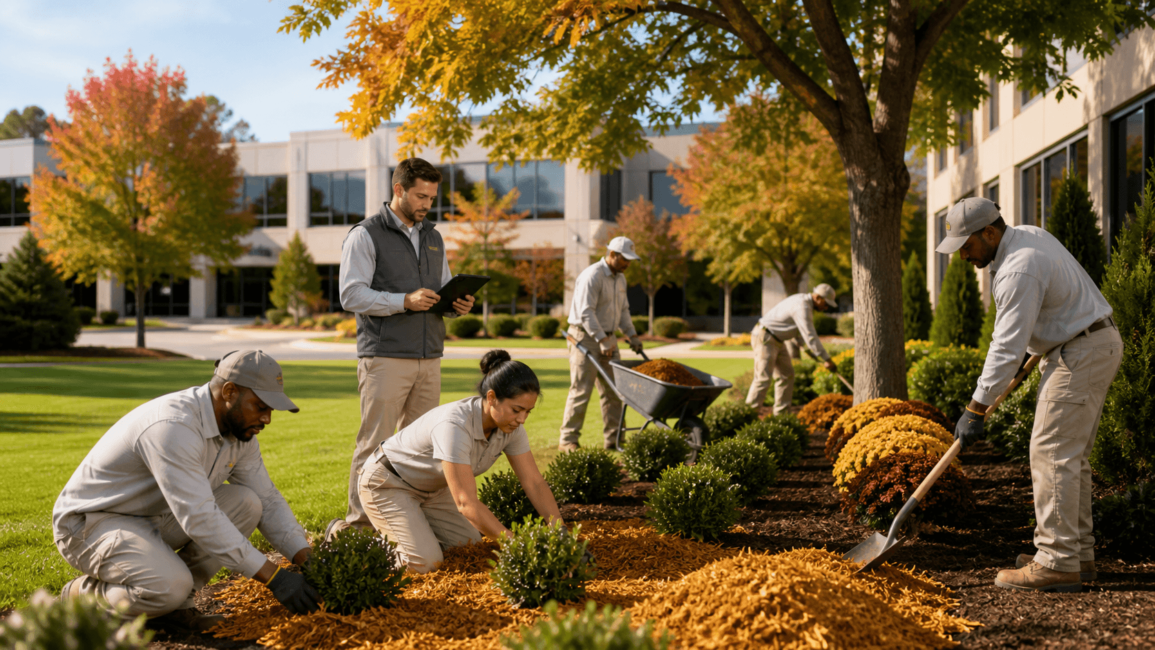 Commercial landscapers in orange vests rake leaves beside a manicured lawn under warm autumn sunlight.