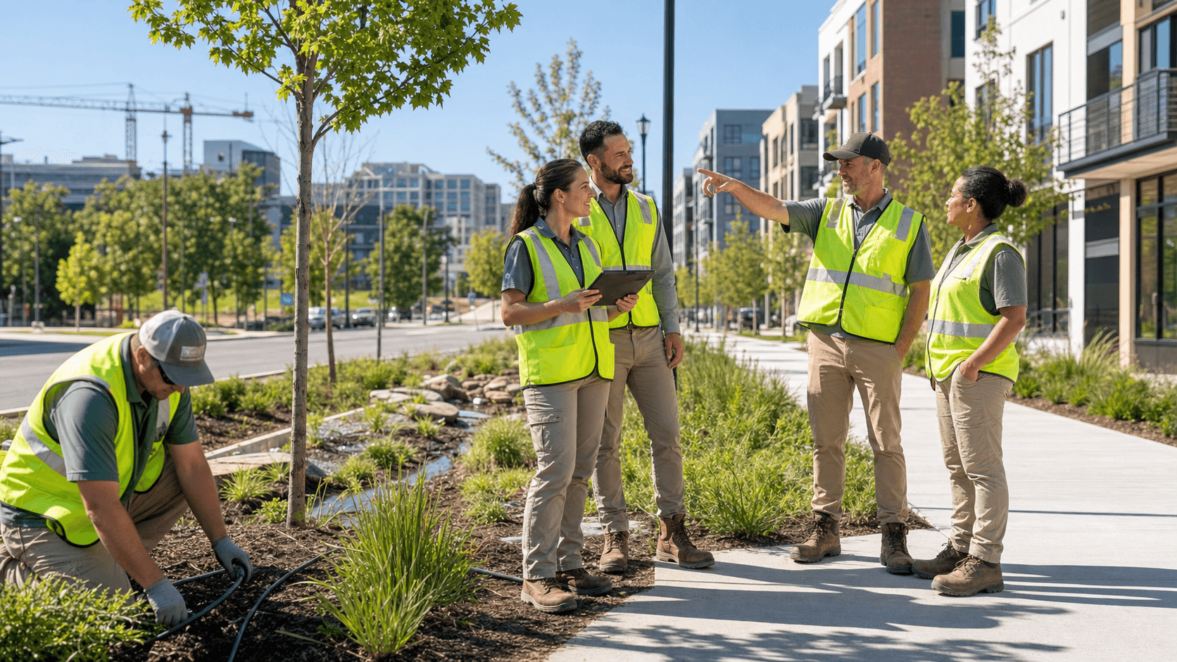 Modern streetscape with lush green plantings, young trees, and wide sidewalk under warm afternoon sunlight