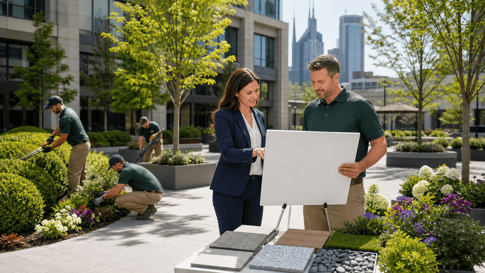 A green landscaping checklist beside a property site plan, with trees, lawn icons, and Nashville skyline silhouettes.