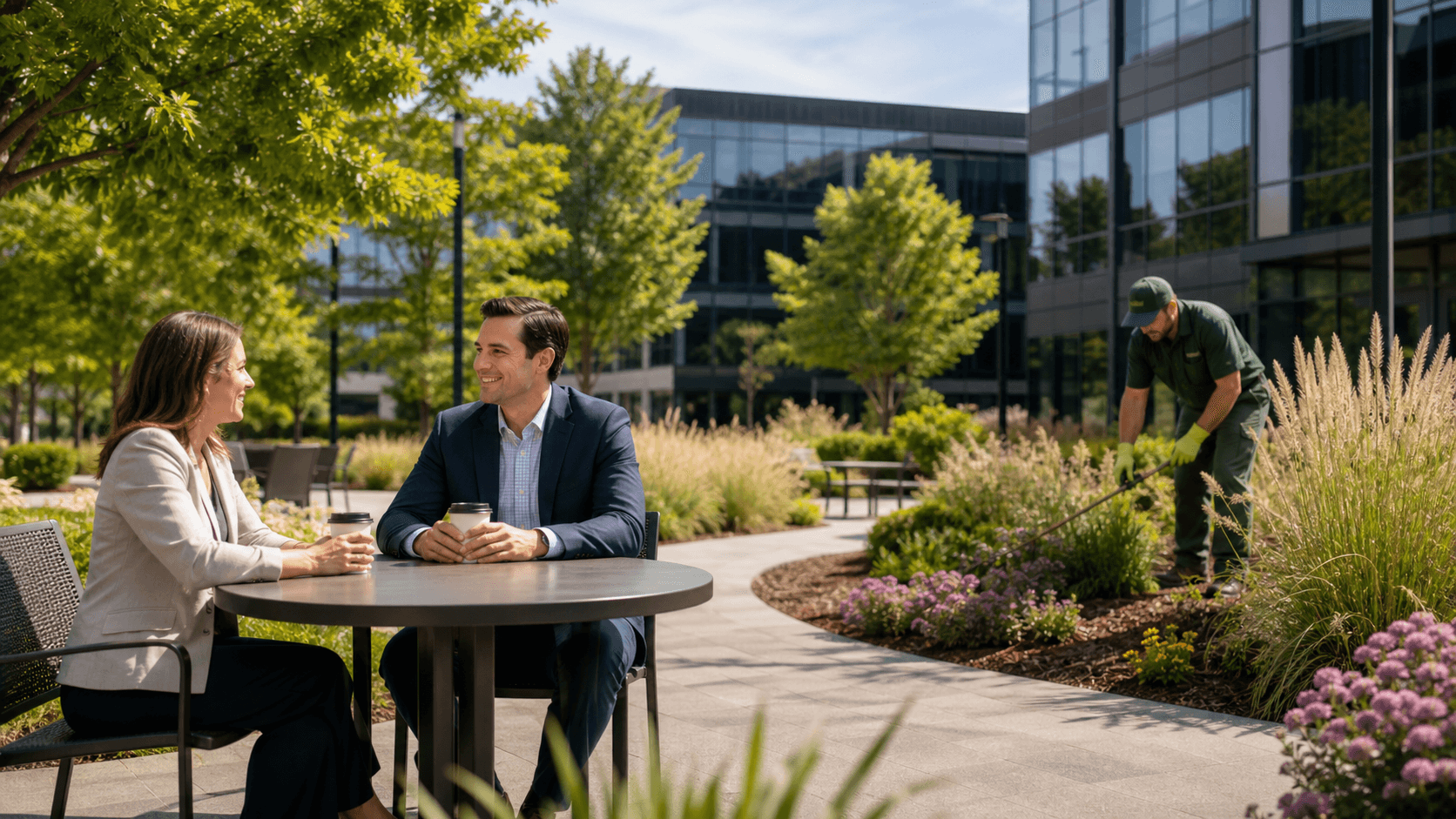 Modern Nashville office building with manicured green lawns, colorful flower beds, and mature trees under blue skies.