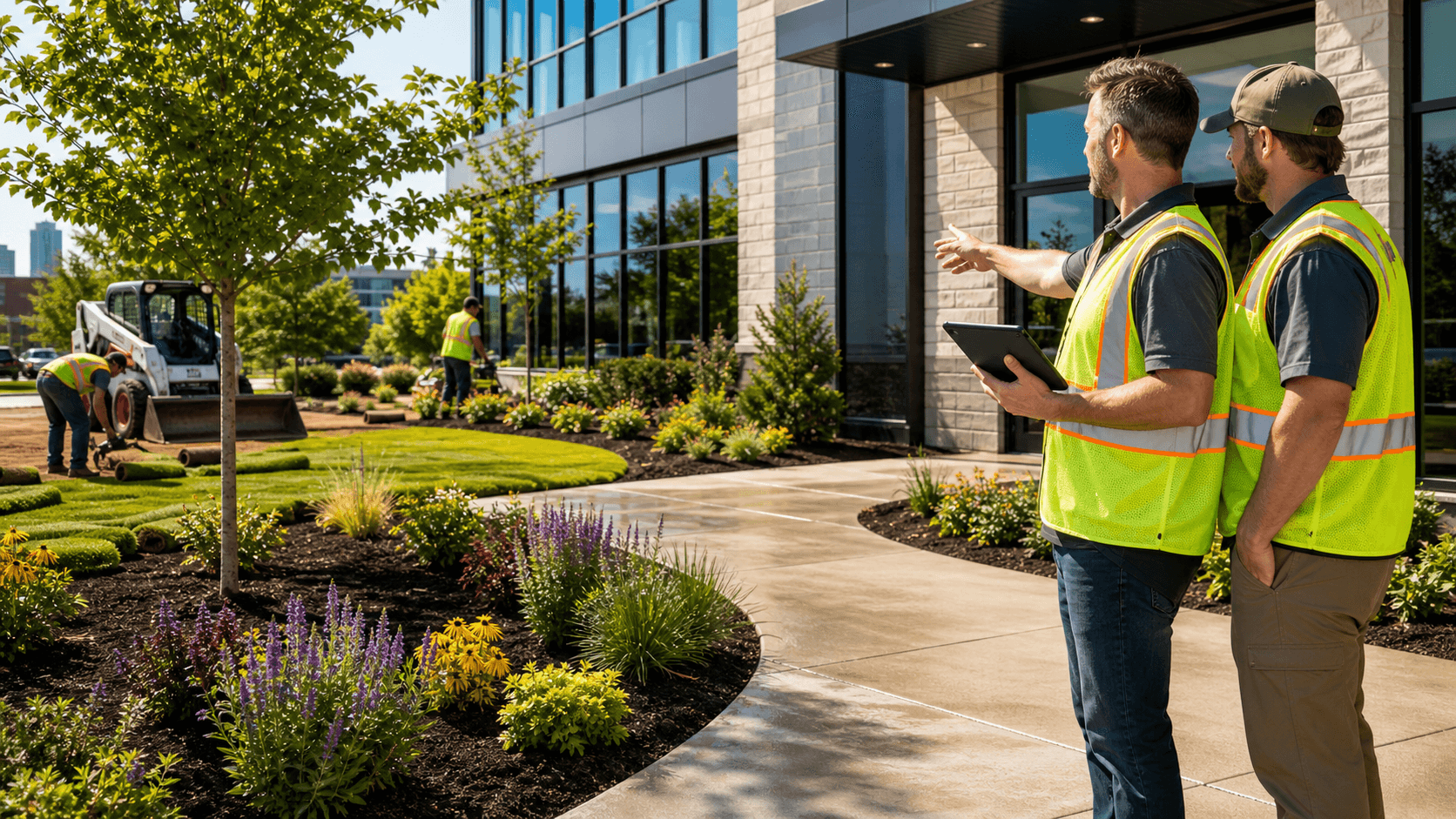 Modern office building with manicured green lawns, shrubs, and stone walkway under warm sunset light
