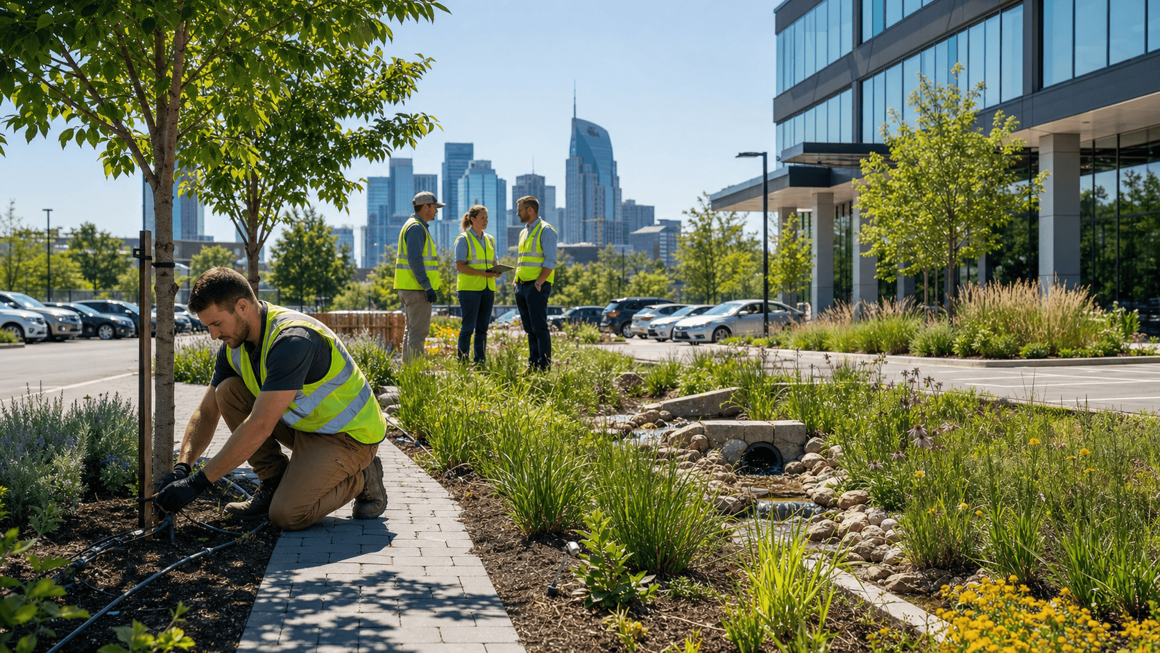 Modern office building with green roof, rain garden and native plants, sunlit with stormwater channels in foreground