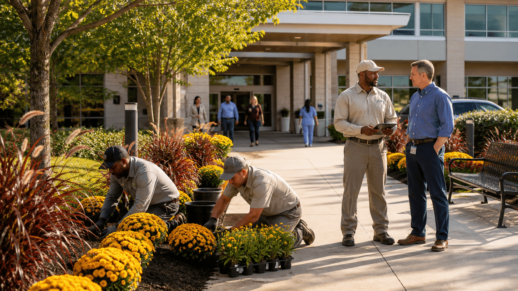 Sunlit hospital entrance with orange autumn trees, trimmed lawns, and a wide pedestrian walkway.