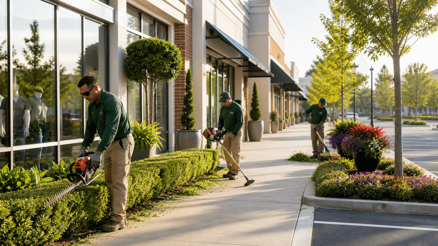 Landscaped retail storefronts with trimmed shrubs, green lawn, and clear walkways under bright daylight