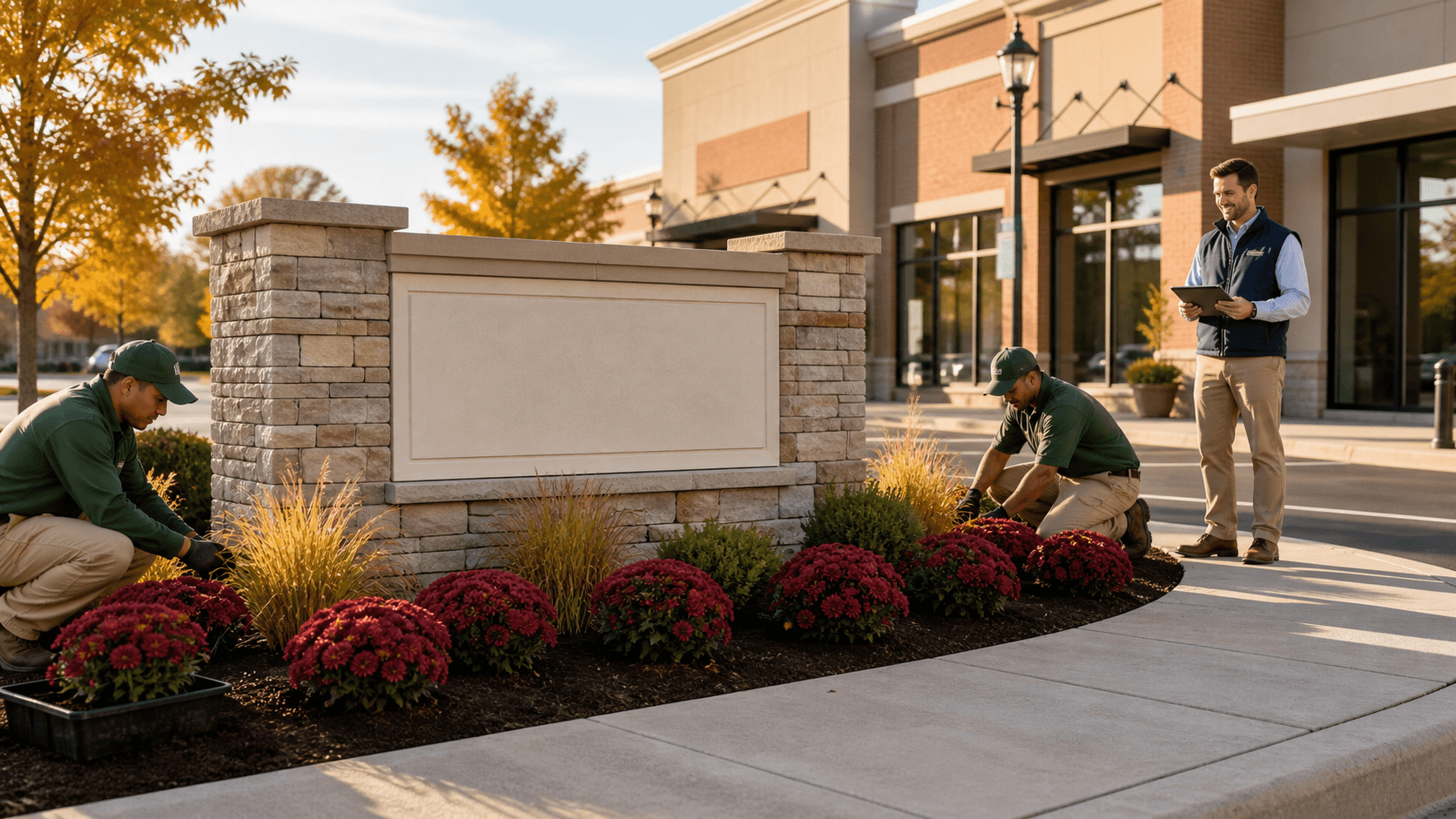 Landscaped shopping center entrance with trimmed shrubs, colorful flowers, and warm autumn sunlight