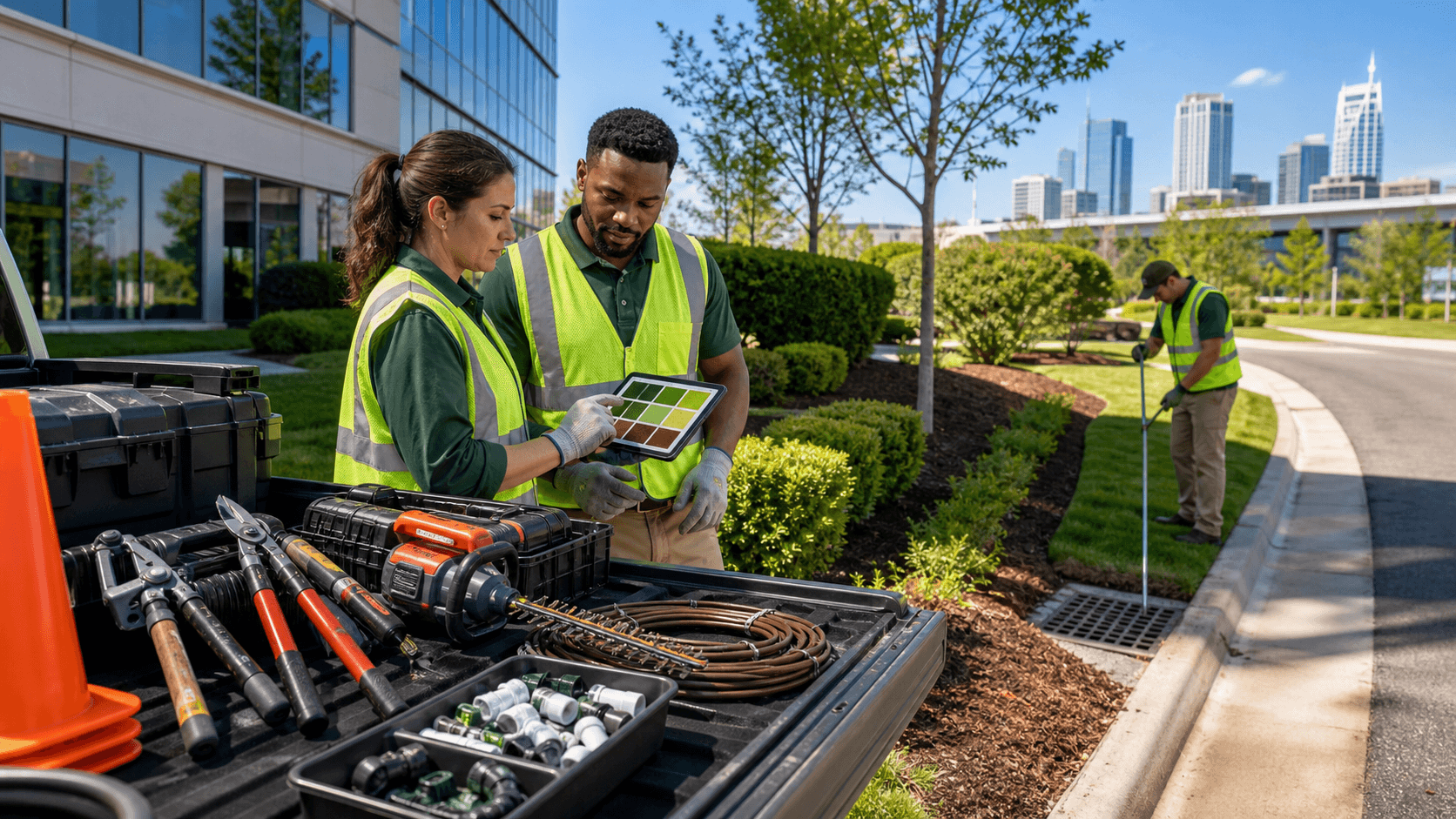 Worker in orange vest trims shrubs beside a Nashville street, with a checklist overlay and sunny blue sky.