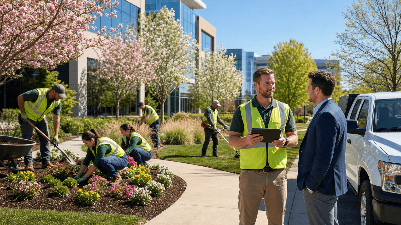 Tree-lined office park with manicured green lawns, colorful seasonal flowers, and bright sunlight over walkways