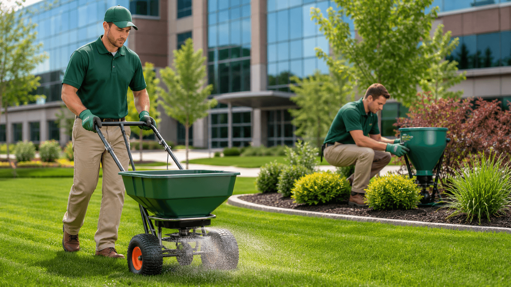 Split lawn scene showing fertilizer granules beside a lush green commercial lawn under bright daylight.