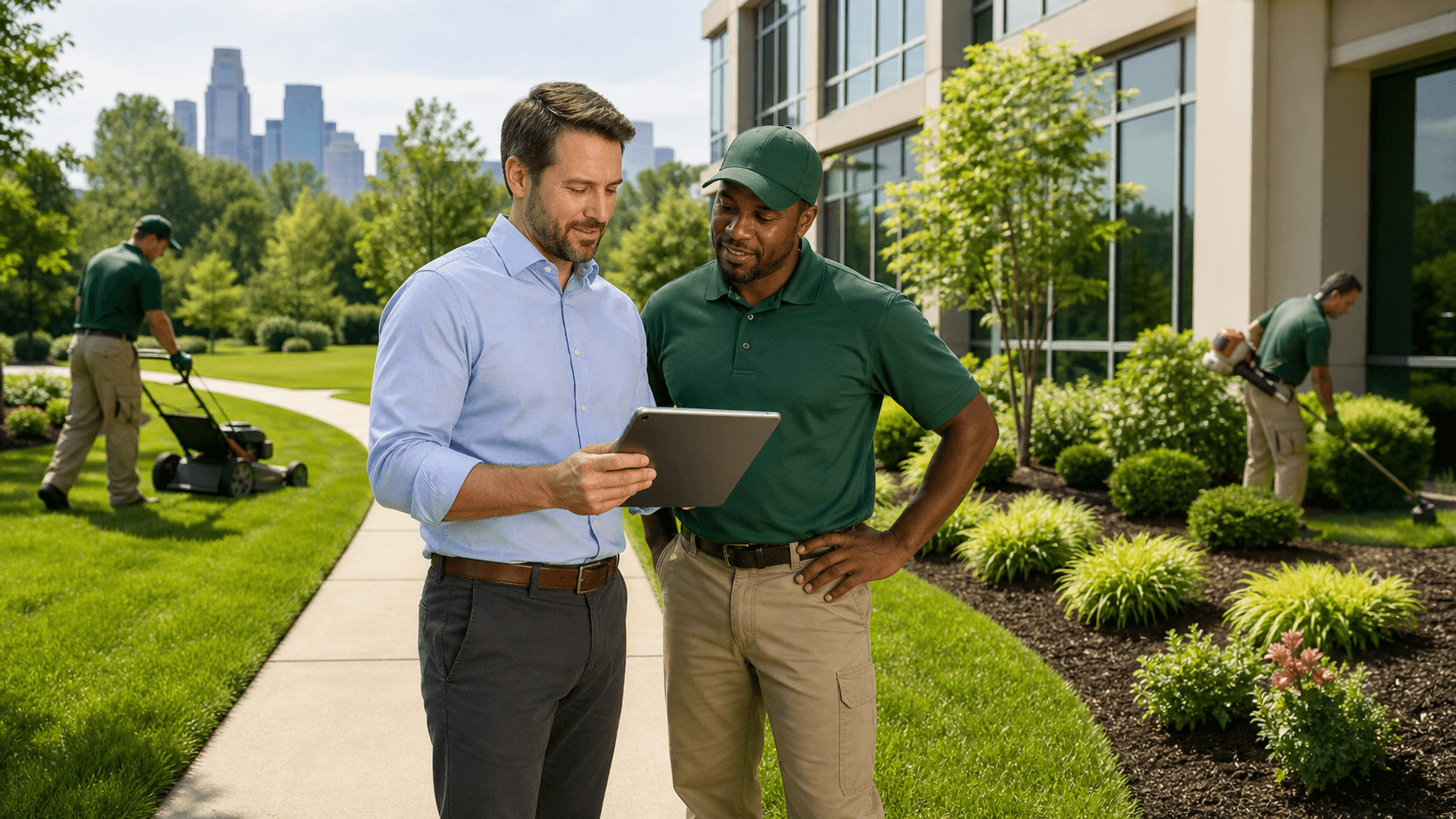 Property manager reviews a tablet beside neatly mowed lawns and modern office buildings in bright daylight.