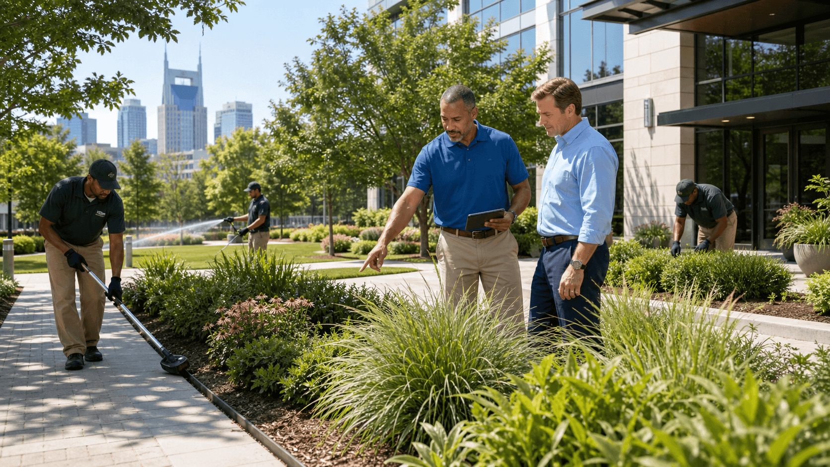 Modern office campus with manicured lawns, trimmed hedges, and workers maintaining landscaping in bright daylight.